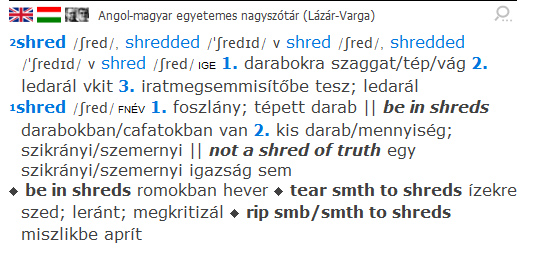 "shred" szócikk a Lázár-Varga angol-magyar szótárból